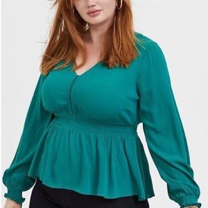 Torrid Emerald Green Gauze Smocked Peplum MIDI Blouse